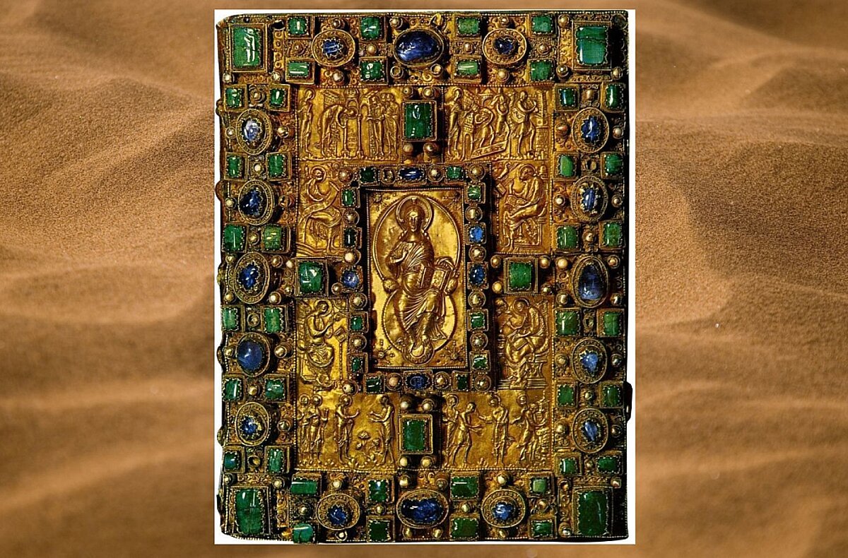 Codex Aureus de S. Emmeram. Francija, karaliskā galma manuskriptu darbnīca. Ap 870. gadu. Romānikas stils, Karolingu laiks, Foto: Bavārijas Zemes bibliotēka