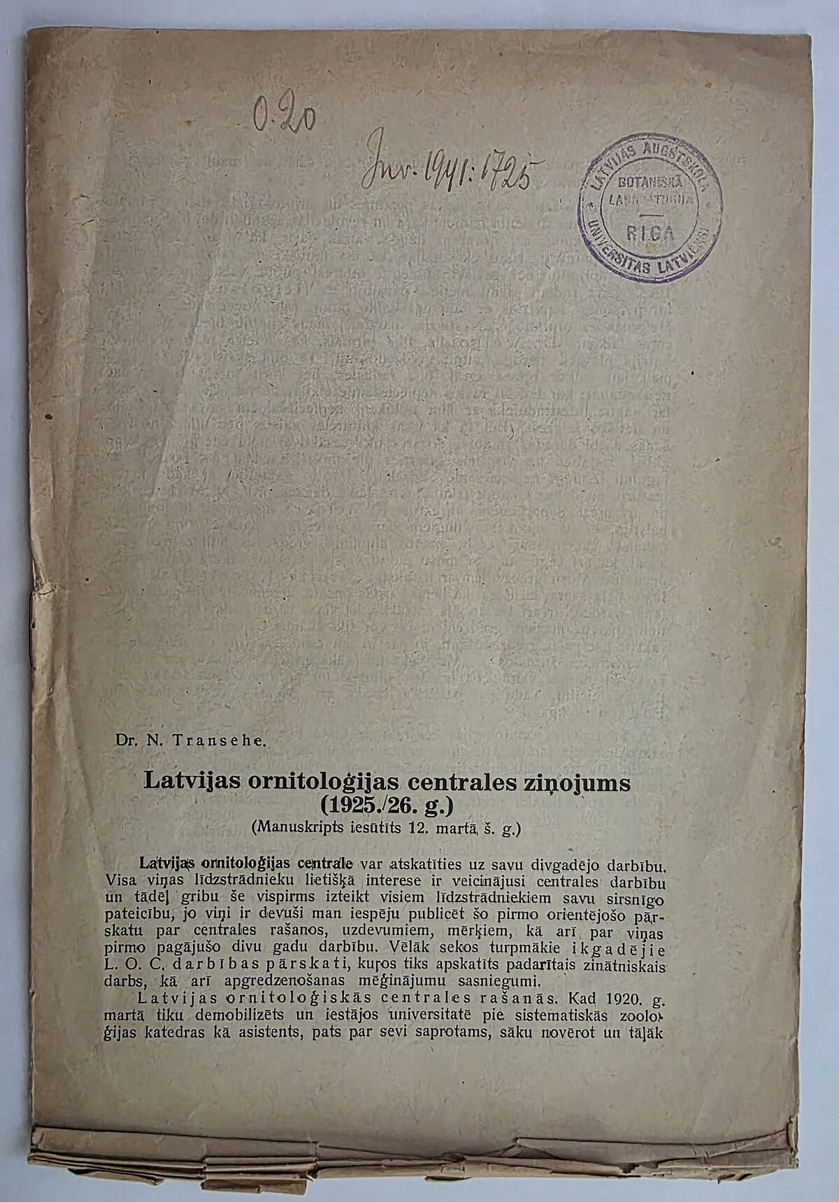 N. Tranzē "Latvijas ornitoloģijas centrāles ziņojums", 1926. gads. N. Tranzē "Latvijas ornitoloģijas centrāles ziņojums", 1926. gads.
