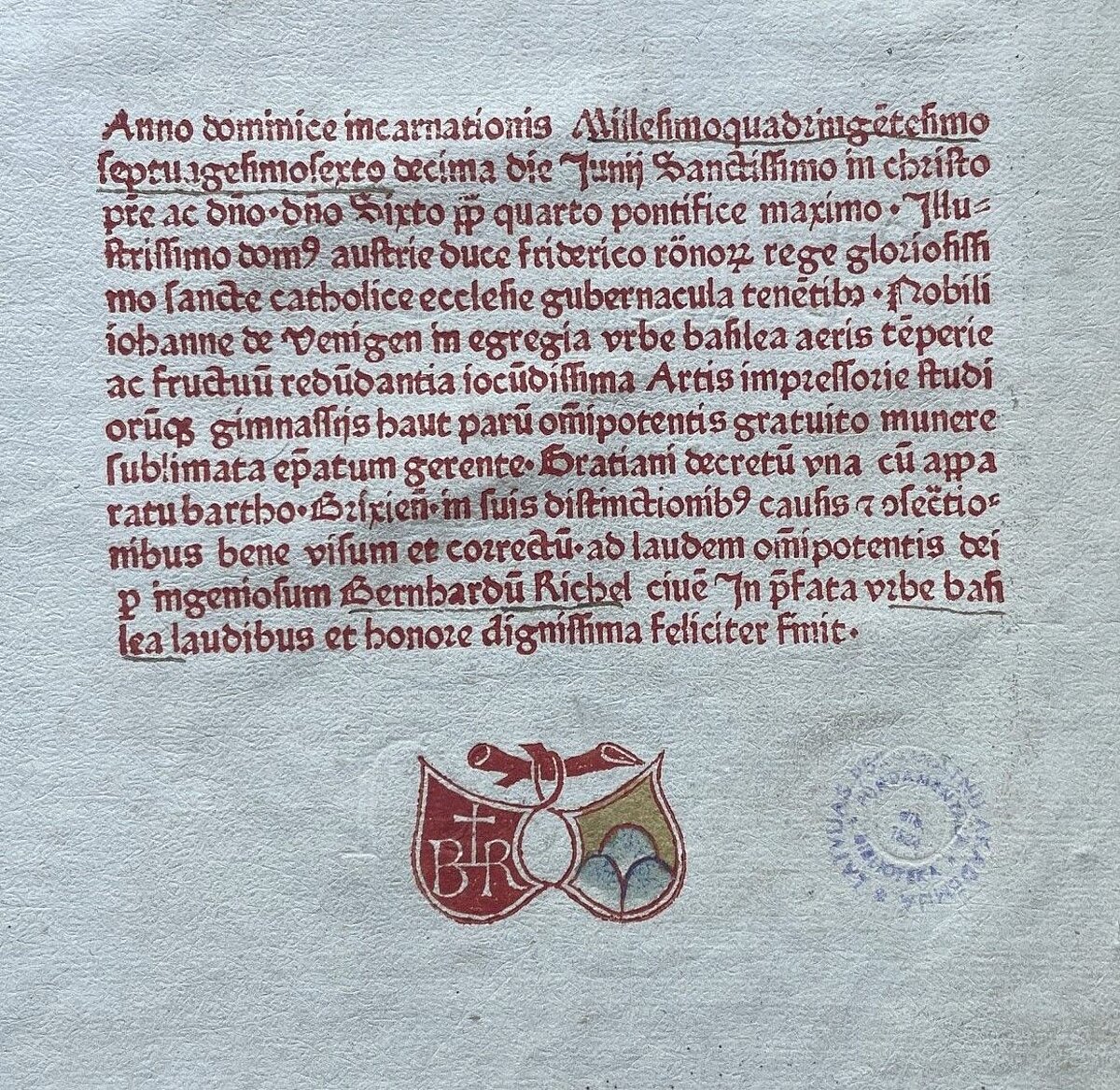 Gratianus (? - ? 1158). Decretum Cum commentariis Johanni Teutonici et Bartholomaei Brixiensis. Basel: Bernhard Richel, 10.VI.1476.  LUB. R2467