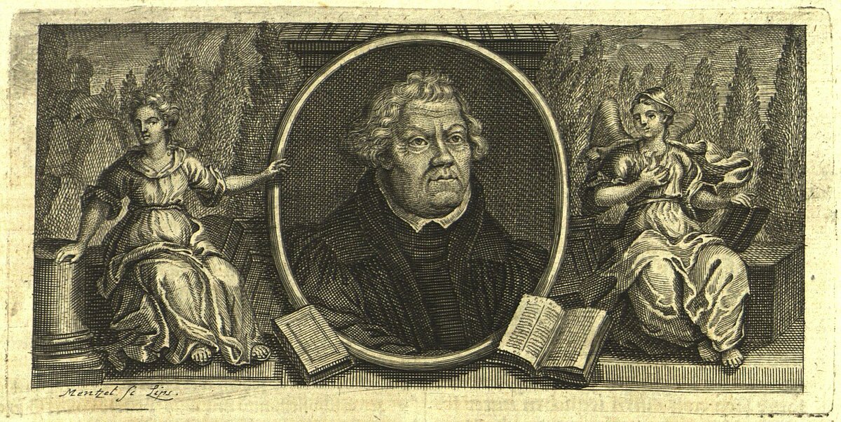 Martina Lutera portrets Leipcigas mākslinieka Johana Georga Mentcela (1677-1743) veidotajā vara gravīrā. Reto izdevumu un rokrakstu krājums, LUB.