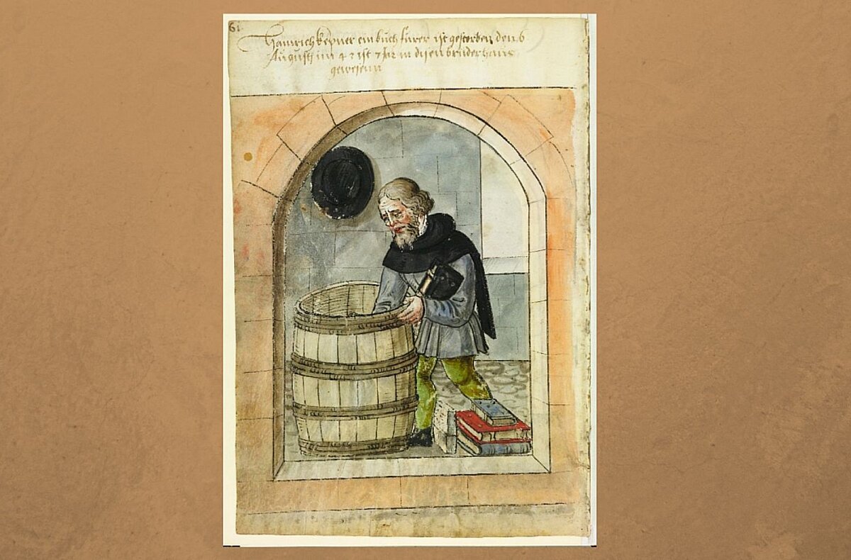 Nirnbergas grāmatu tirgotājs Kepners kārto grāmatu mucu. Akvarelis. Ap 1543, Foto: Nirnbergas izglītības centra pilsētas bibliotēka (Stadtbibliothek im Bildungscampus Nürnberg)