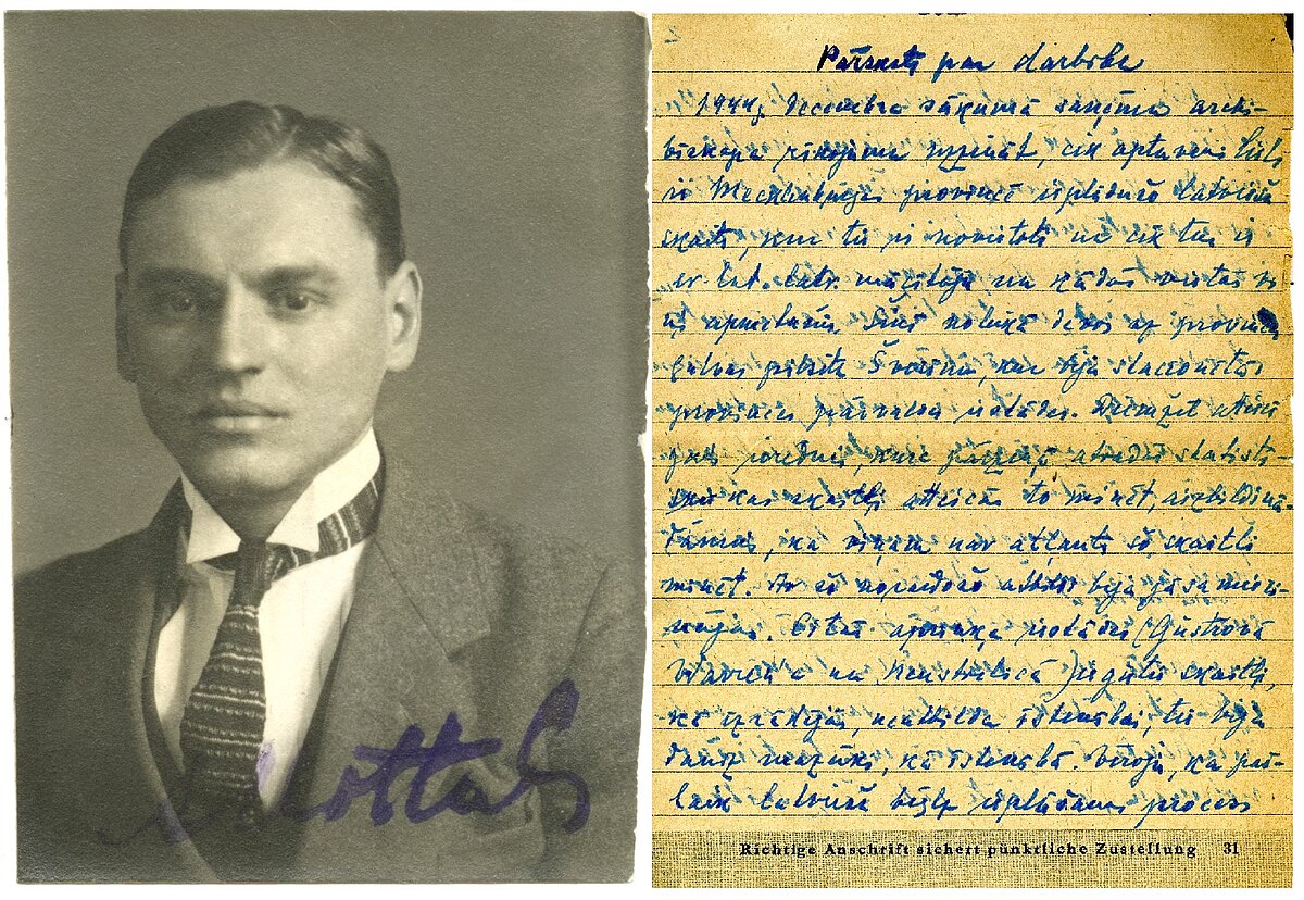Aleksandrs Mitulis – LU subasistents. Aleksandra Mituļa rokraksts “Pārskats par darbību” – atskaite par arhibīskapa rīkojumā veikto Mēklenburgas provincē Vācijā bēgļu gaitās nokļuvušo latviešu skaita apzināšanu 1944. gada nogalē un 1945. gadā.