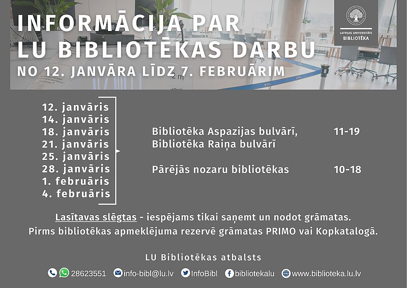 Informācija par LU Bibliotēkas darbu no 12. janvāra līdz 7. februārim