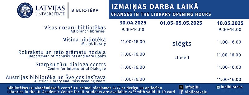 LU bibliotēkas darba laika izmaiņas svētku nedēļā! 